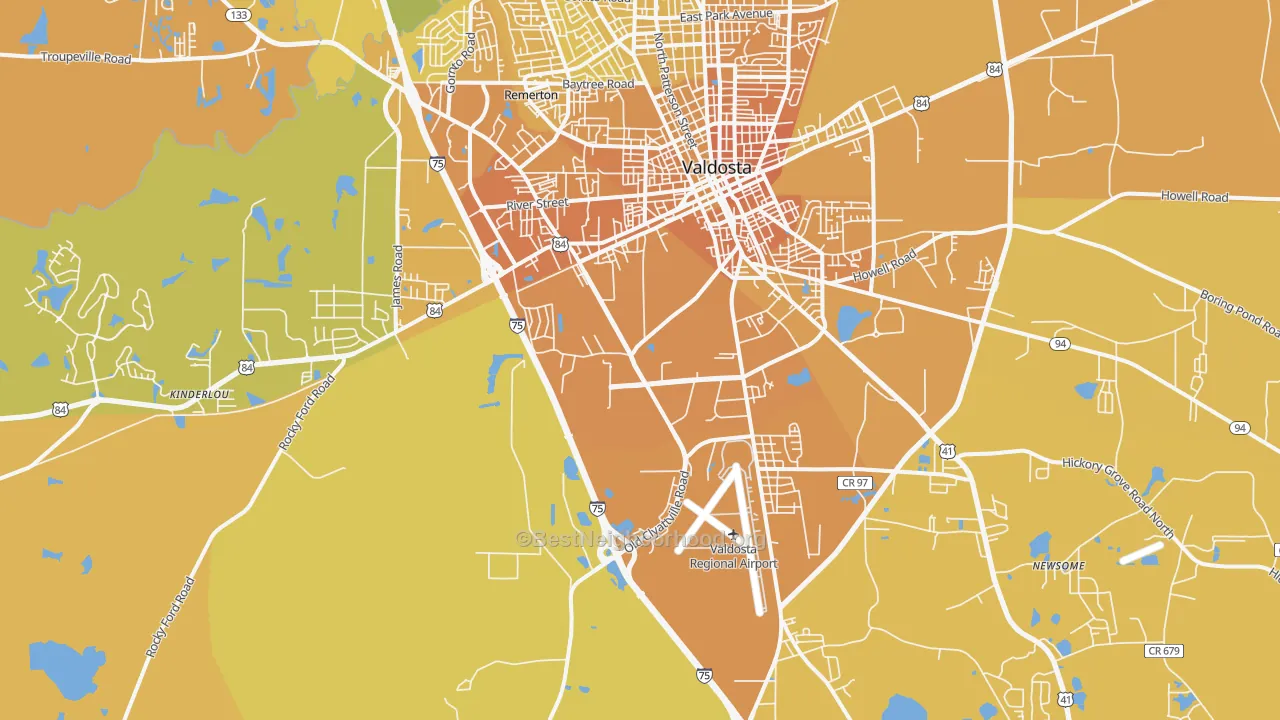 Map of the best neighborhoods in the 31601 area, with better matches in green and worse matches in red