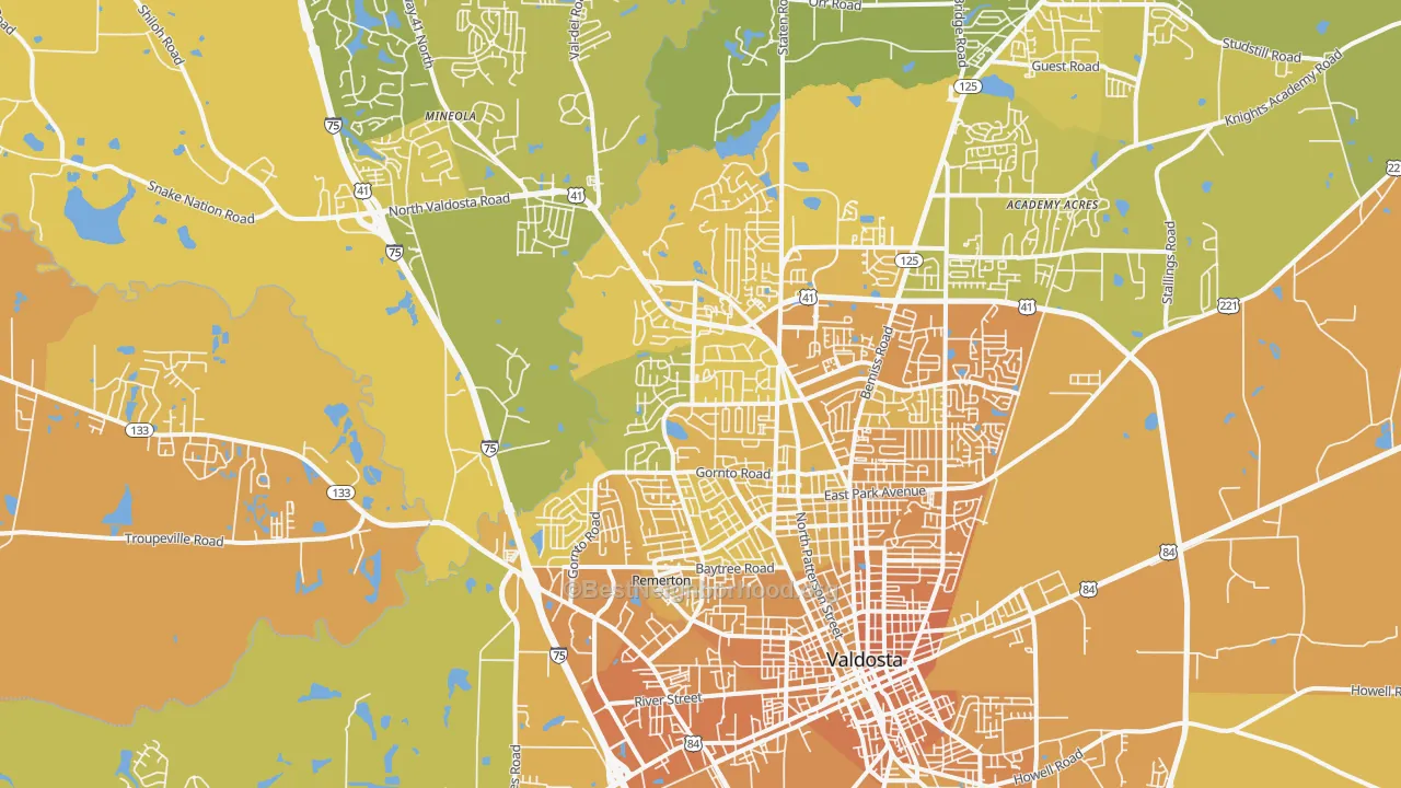 Map of the best neighborhoods in the 31602 area, with better matches in green and worse matches in red