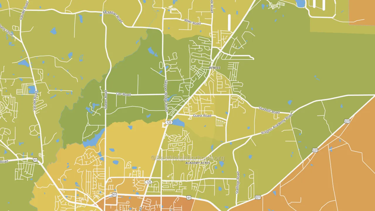 Map of the best neighborhoods in the 31605 area, with better matches in green and worse matches in red