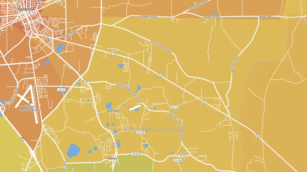 Map of the best neighborhoods in the 31606 area, with better matches in green and worse matches in red