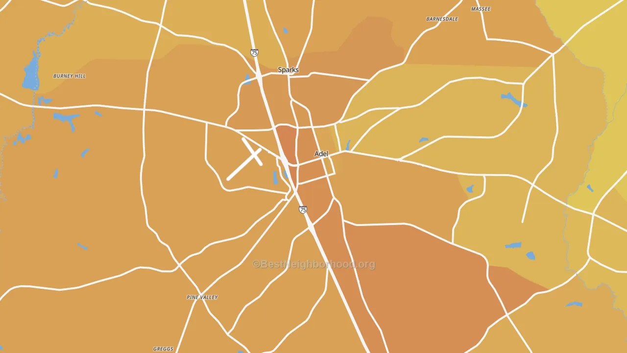 Map of the best neighborhoods in the 31620 area, with better matches in green and worse matches in red