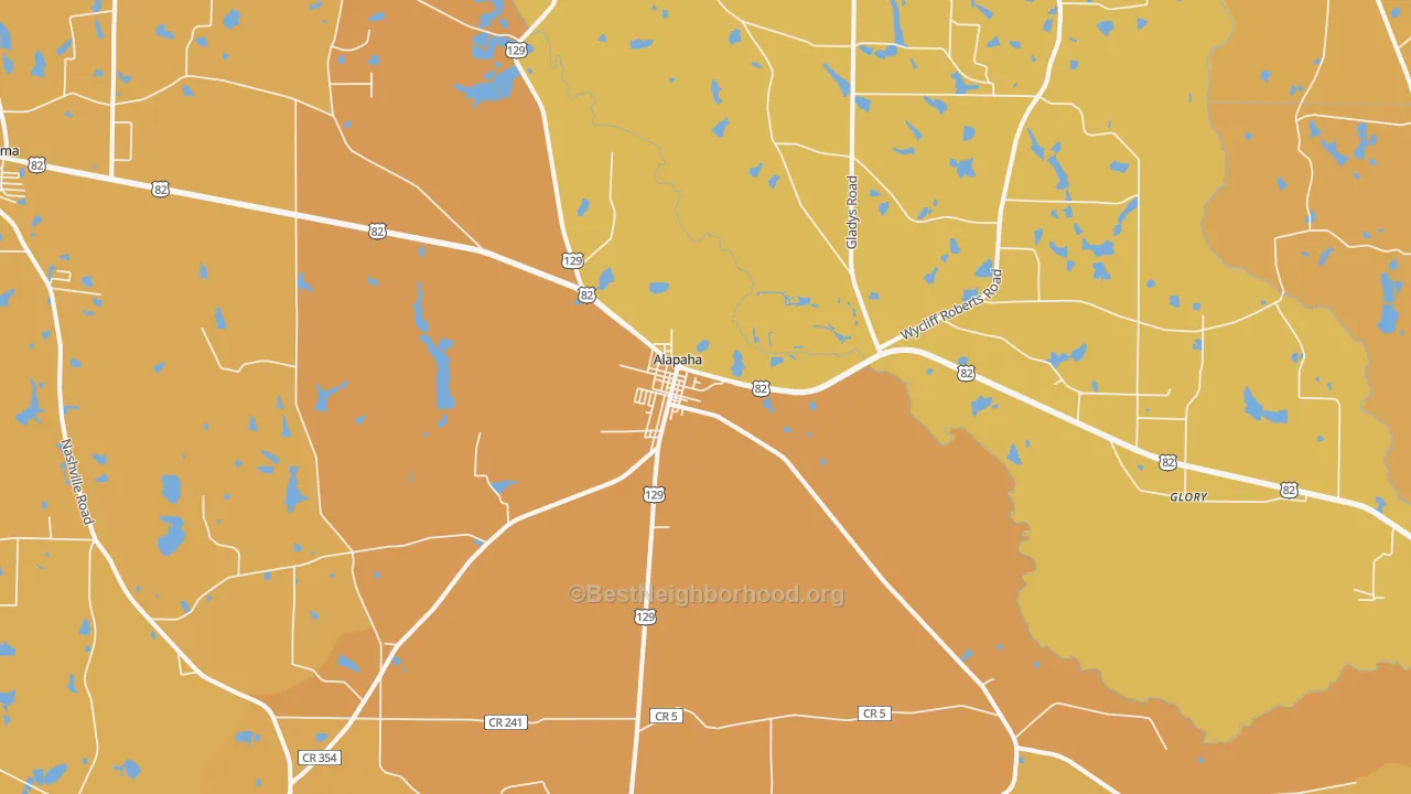 Map of the best neighborhoods in the 31622 area, with better matches in green and worse matches in red