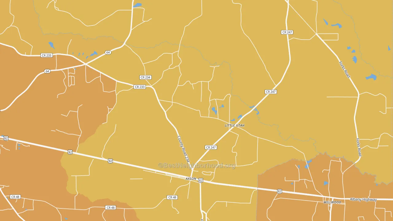 Map of the best neighborhoods in the 31624 area, with better matches in green and worse matches in red