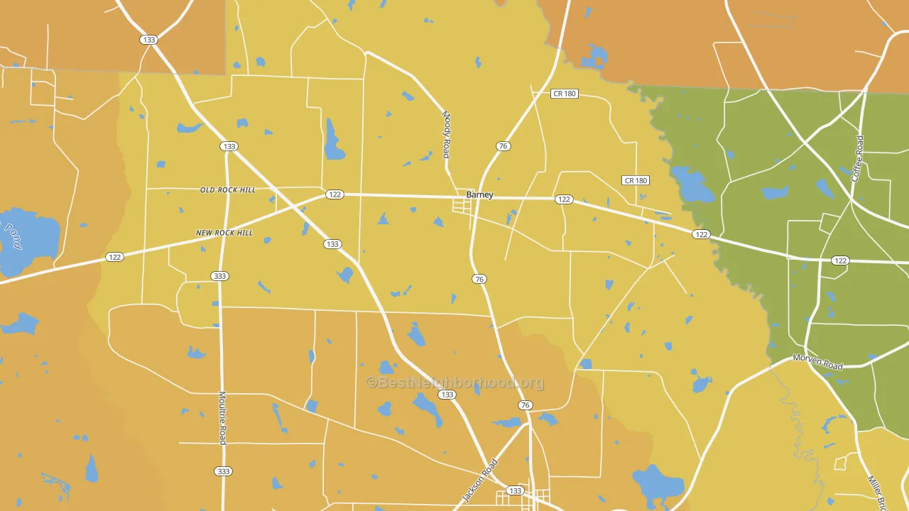 Map of the best neighborhoods in the 31625 area, with better matches in green and worse matches in red
