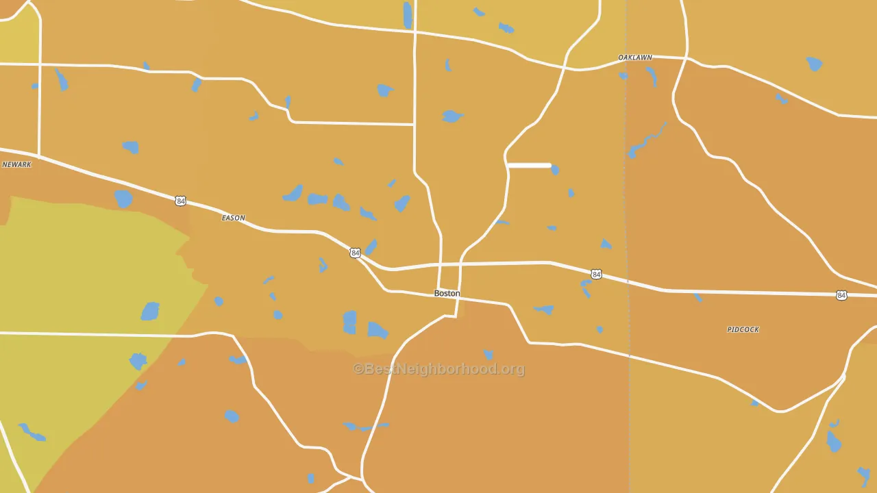 Map of the best neighborhoods in the 31626 area, with better matches in green and worse matches in red