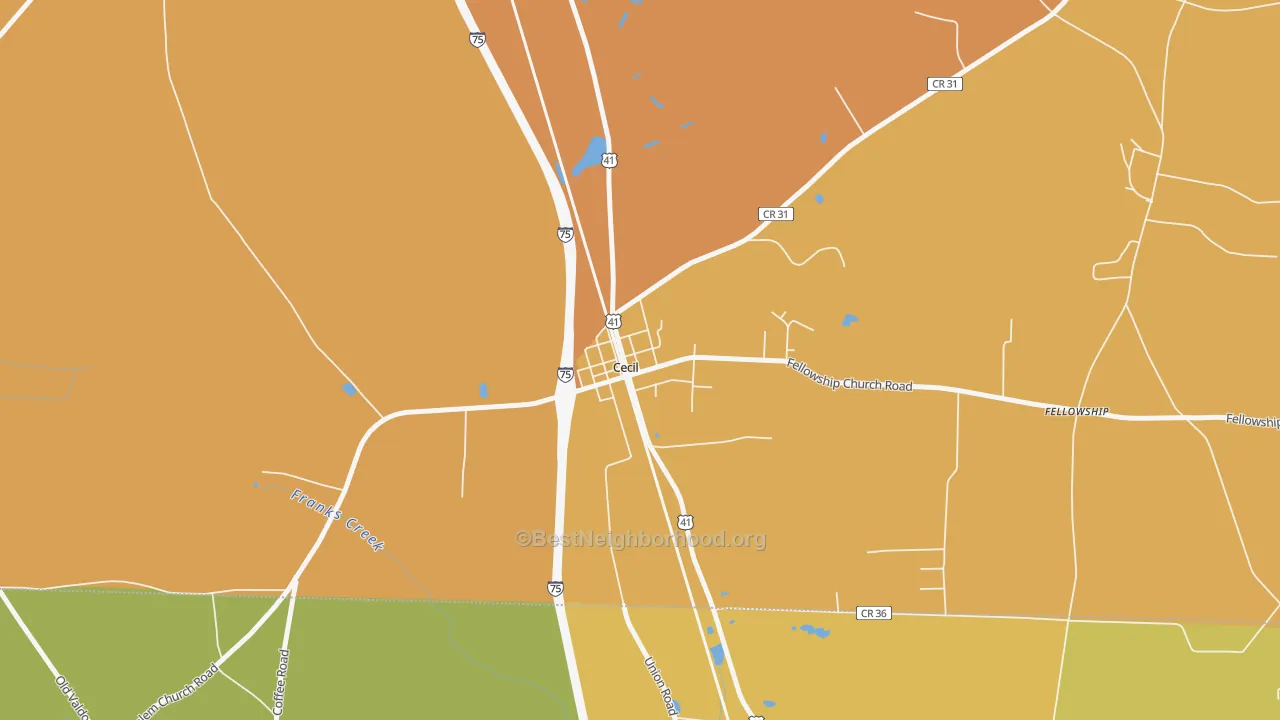 Map of the best neighborhoods in the 31627 area, with better matches in green and worse matches in red