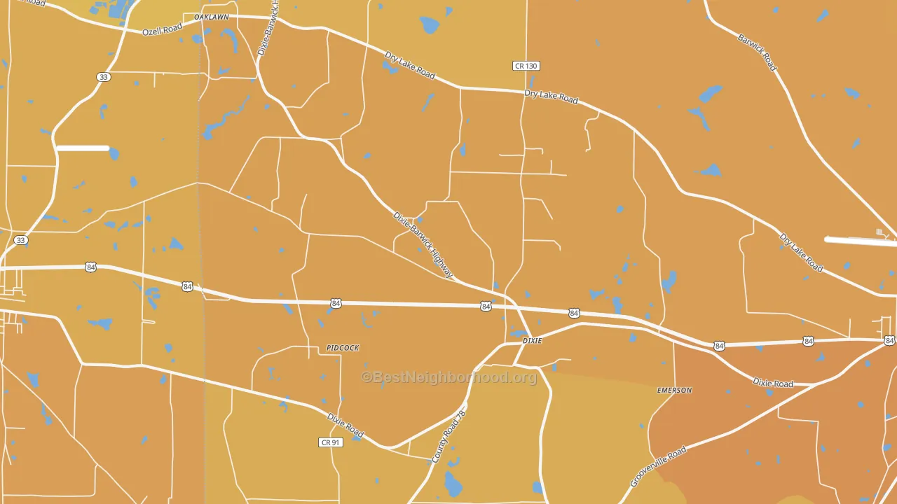 Map of the best neighborhoods in the 31629 area, with better matches in green and worse matches in red