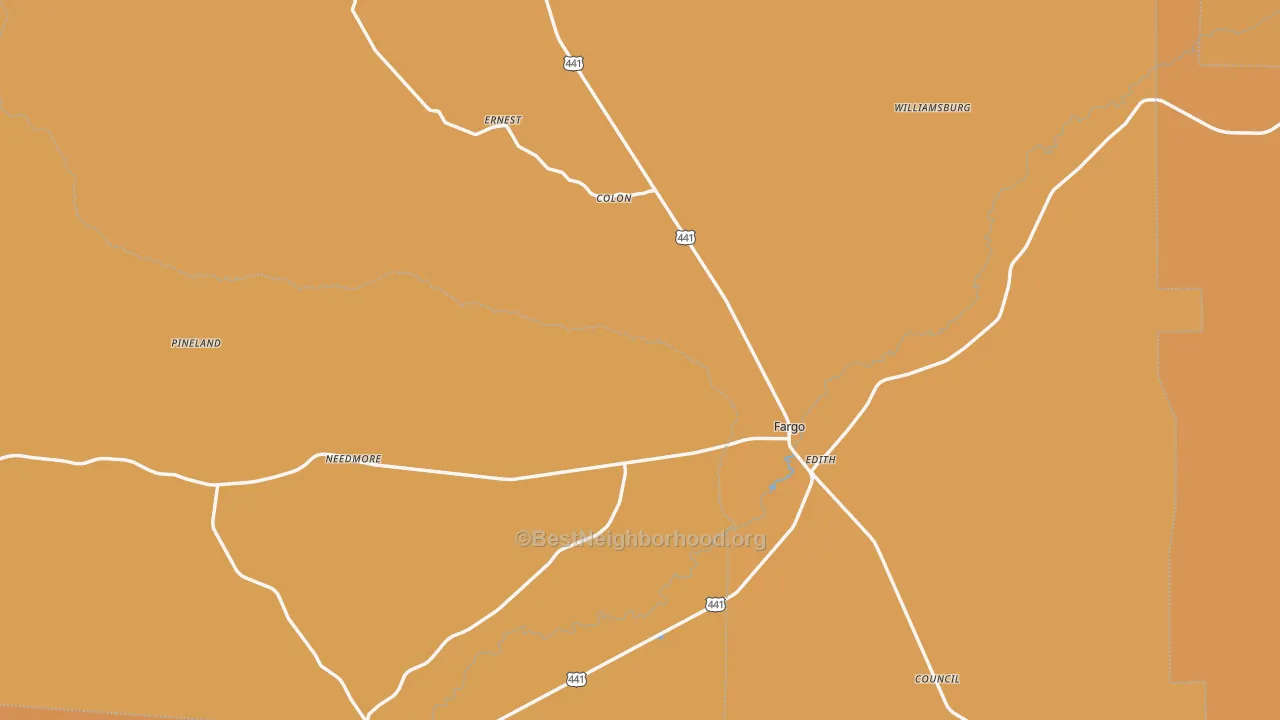 Map of the best neighborhoods in the 31631 area, with better matches in green and worse matches in red