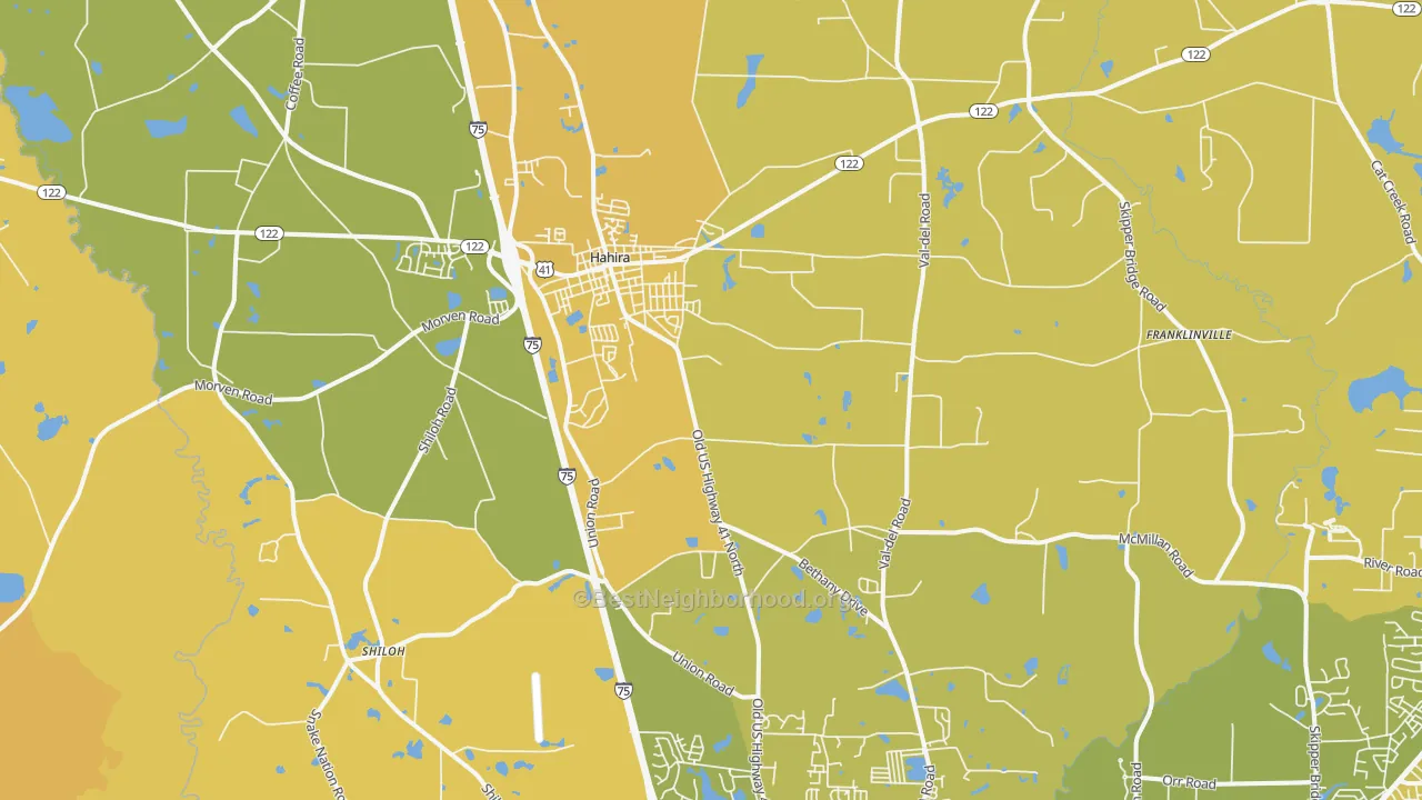 Map of the best neighborhoods in the 31632 area, with better matches in green and worse matches in red