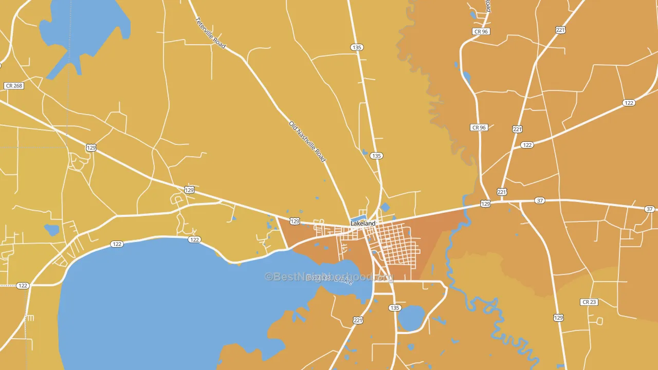 Map of the best neighborhoods in the 31635 area, with better matches in green and worse matches in red