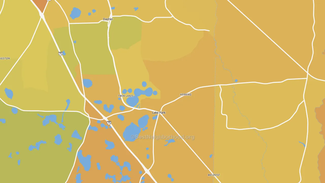 Map of the best neighborhoods in the 31636 area, with better matches in green and worse matches in red