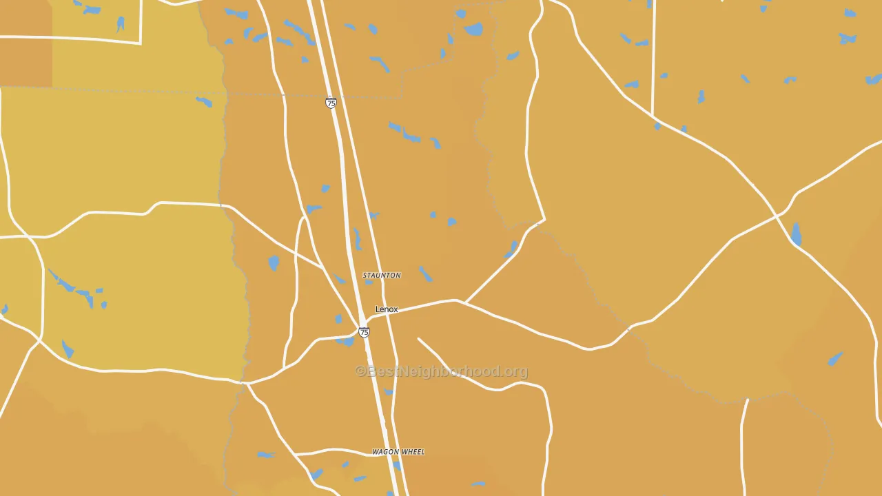 Map of the best neighborhoods in the 31637 area, with better matches in green and worse matches in red