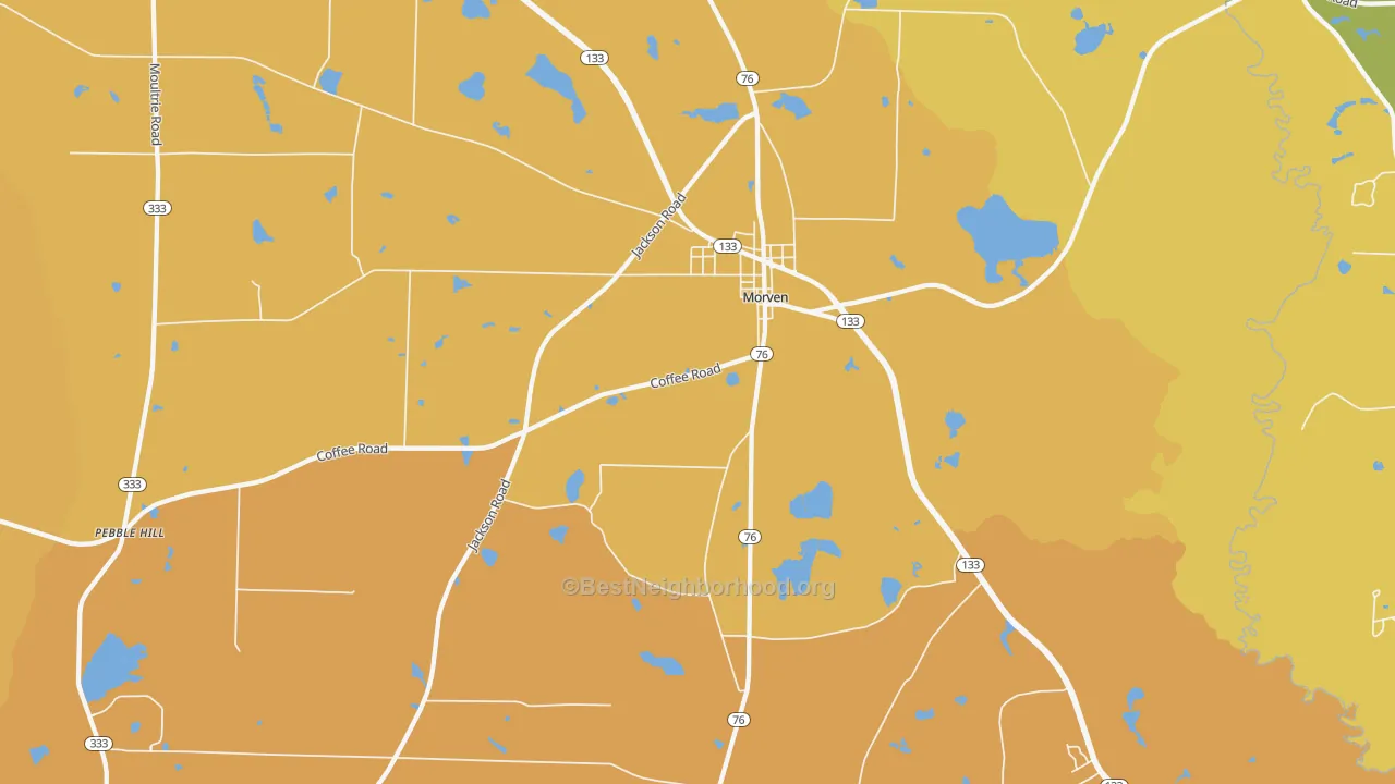 Map of the best neighborhoods in the 31638 area, with better matches in green and worse matches in red