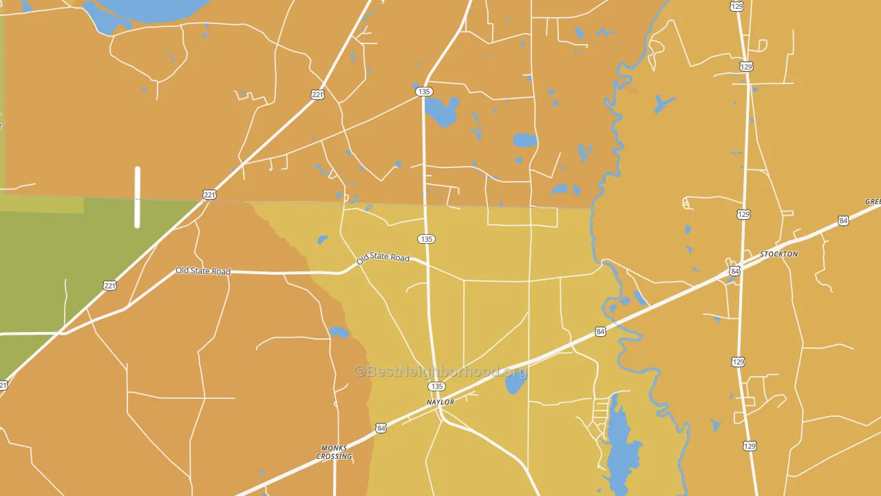 Map of the best neighborhoods in the 31641 area, with better matches in green and worse matches in red