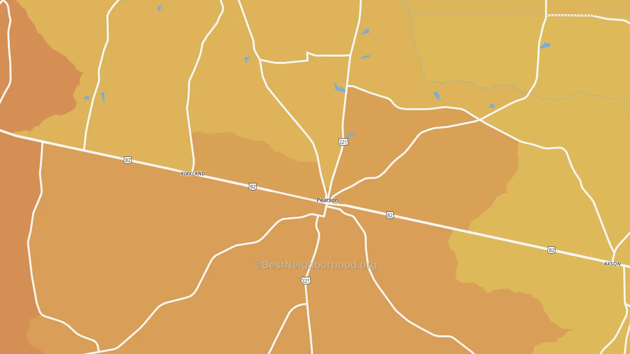 Map of the best neighborhoods in the 31642 area, with better matches in green and worse matches in red