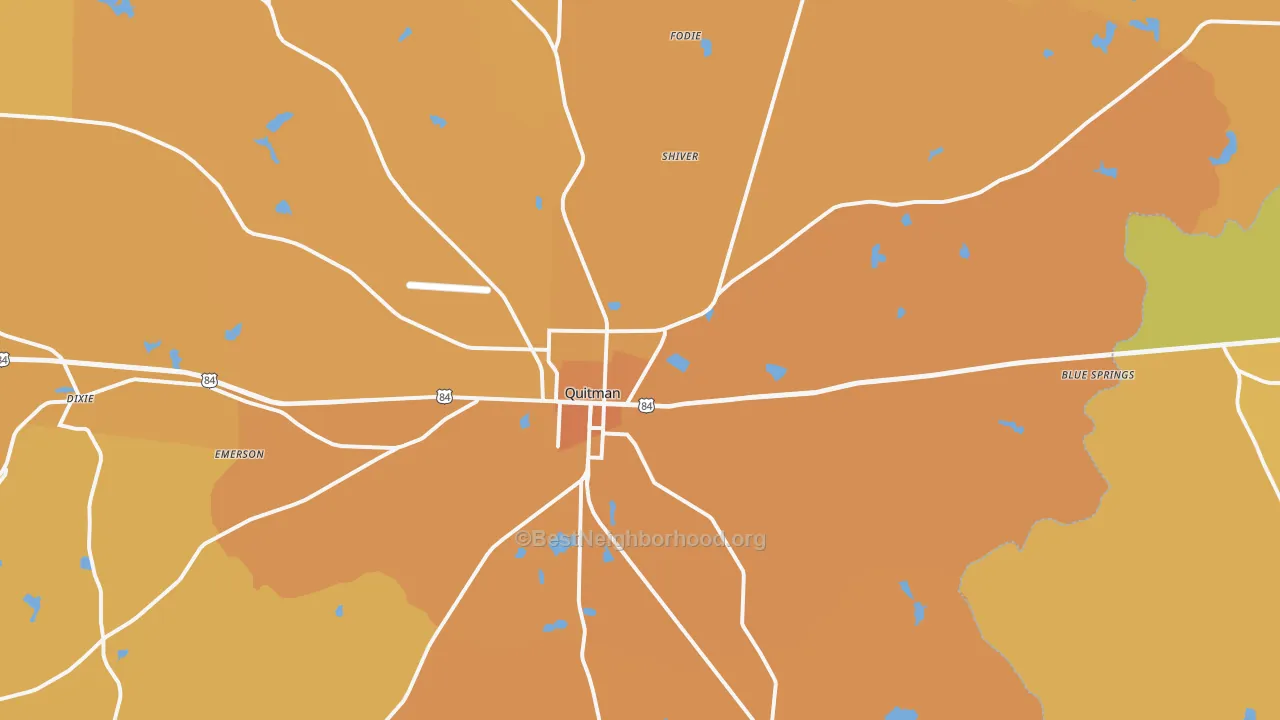 Map of the best neighborhoods in the 31643 area, with better matches in green and worse matches in red