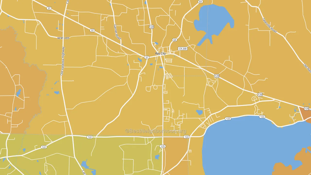 Map of the best neighborhoods in the 31645 area, with better matches in green and worse matches in red