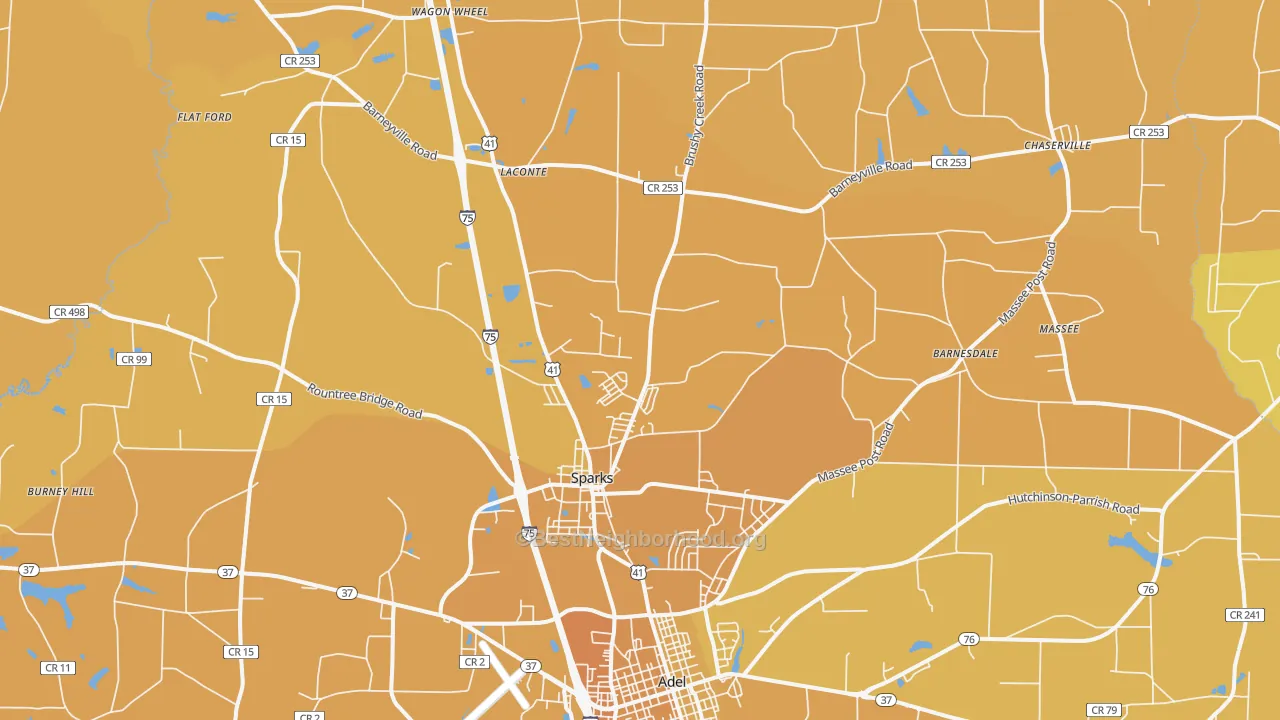 Map of the best neighborhoods in the 31647 area, with better matches in green and worse matches in red