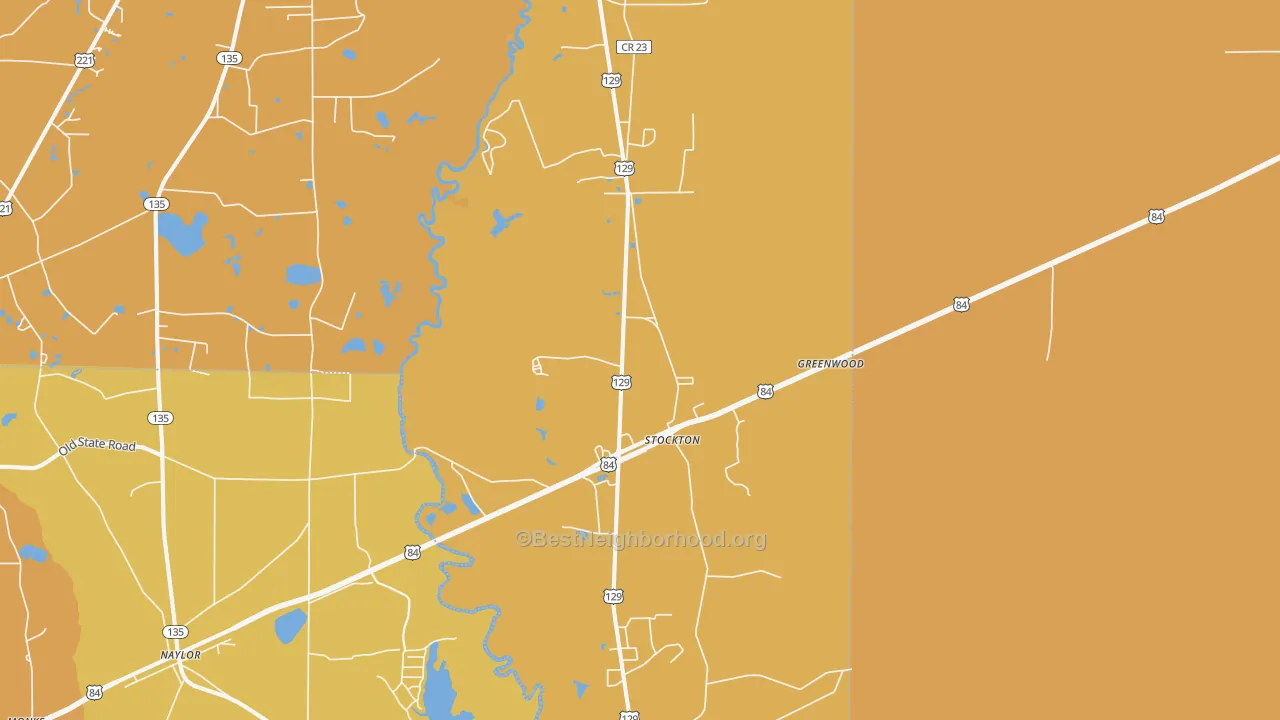 Map of the best neighborhoods in the 31649 area, with better matches in green and worse matches in red