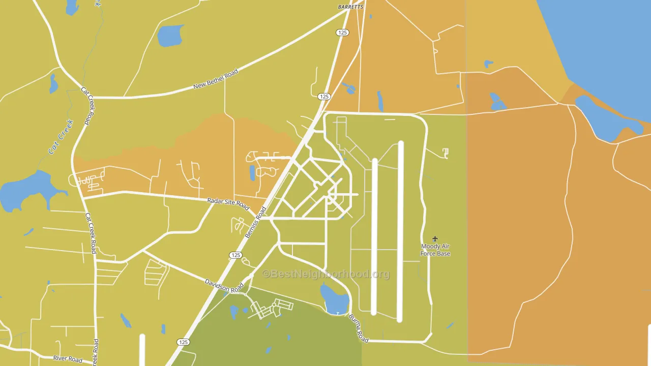 Map of the best neighborhoods in the 31699 area, with better matches in green and worse matches in red