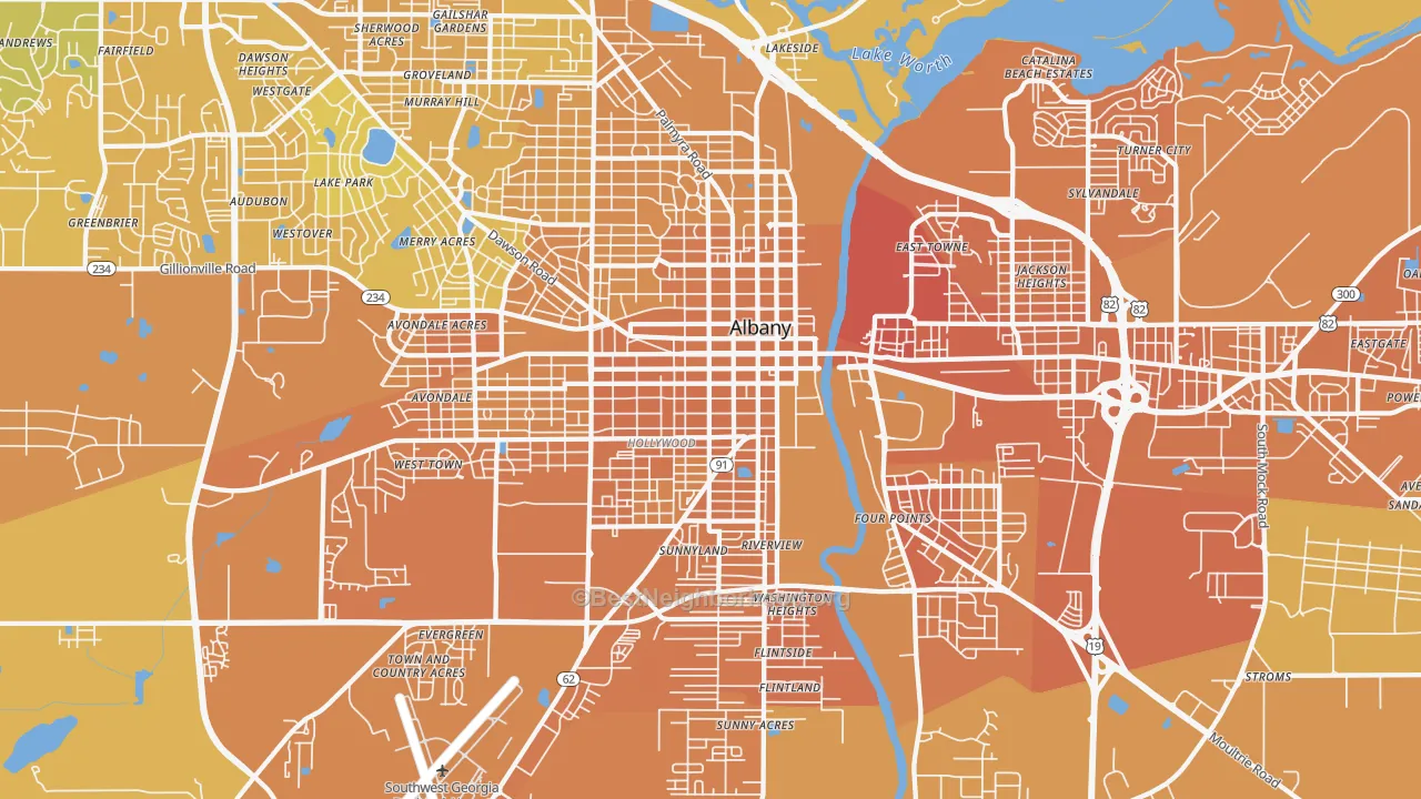 Map of the best neighborhoods in the 31701 area, with better matches in green and worse matches in red