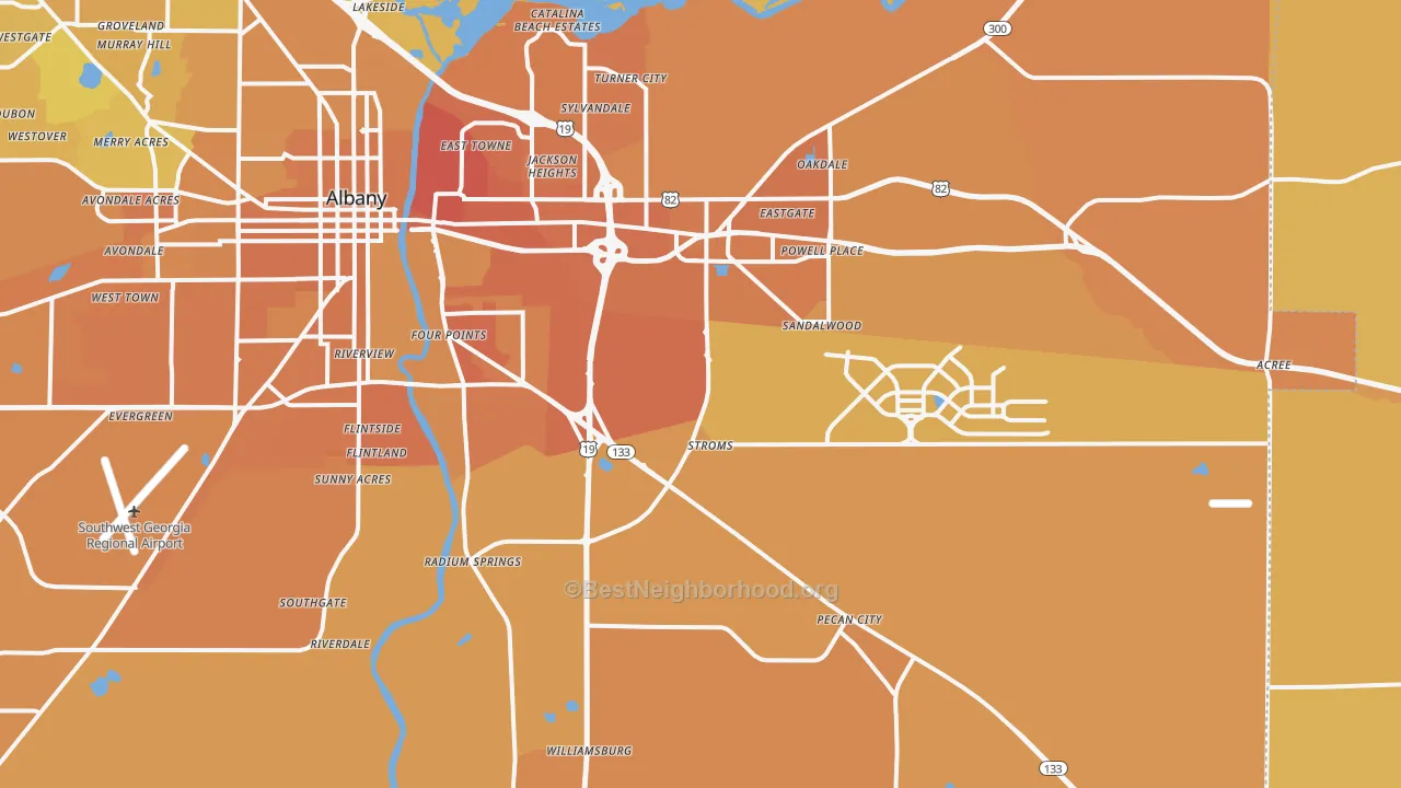 Map of the best neighborhoods in the 31705 area, with better matches in green and worse matches in red