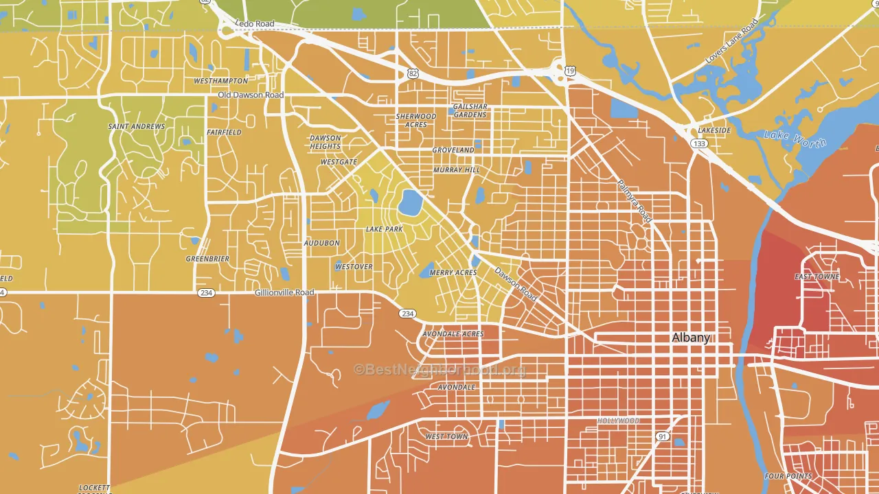 Map of the best neighborhoods in the 31707 area, with better matches in green and worse matches in red