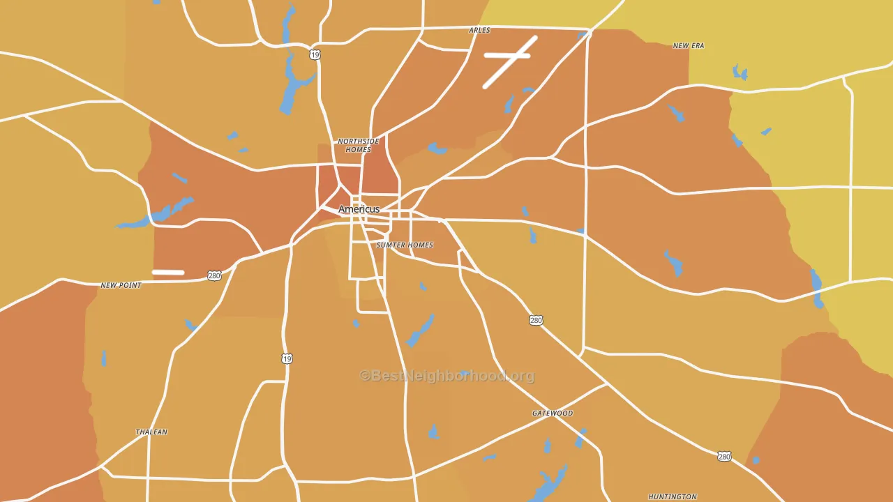Map of the best neighborhoods in the 31709 area, with better matches in green and worse matches in red