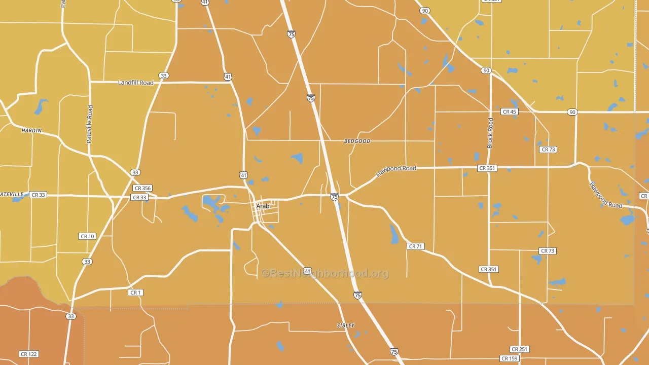 Map of the best neighborhoods in the 31712 area, with better matches in green and worse matches in red