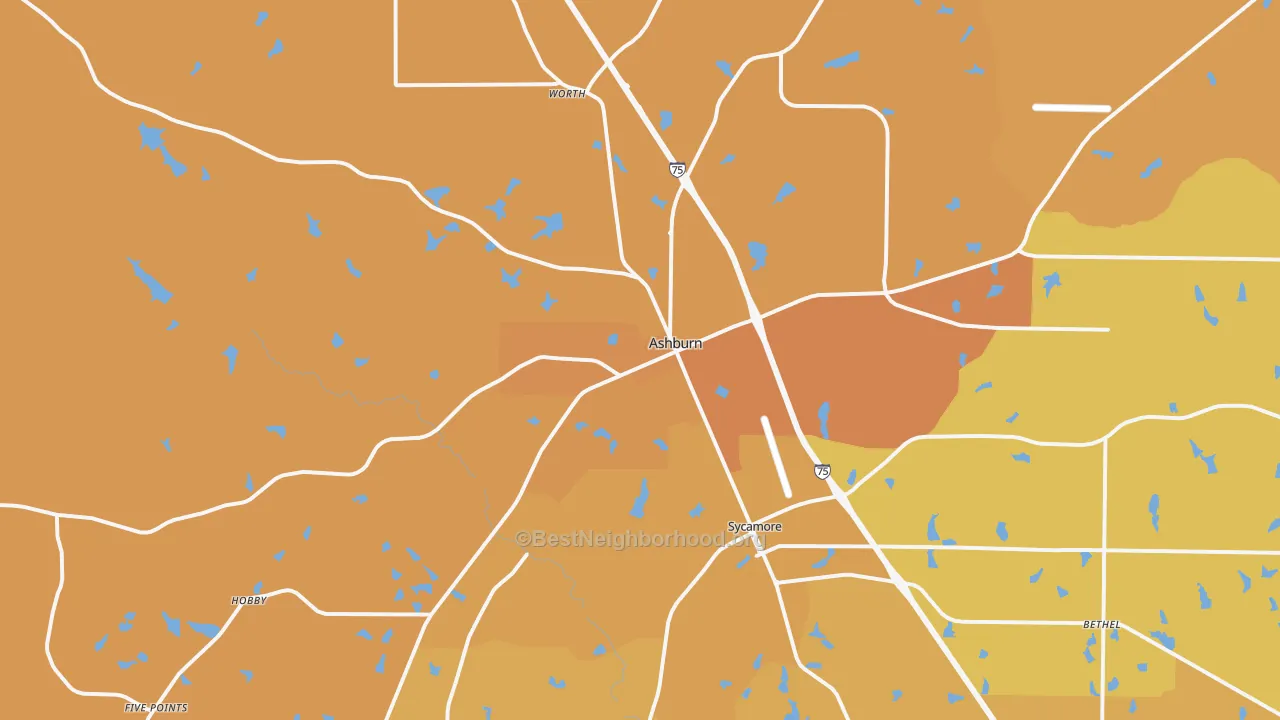 Map of the best neighborhoods in the 31714 area, with better matches in green and worse matches in red