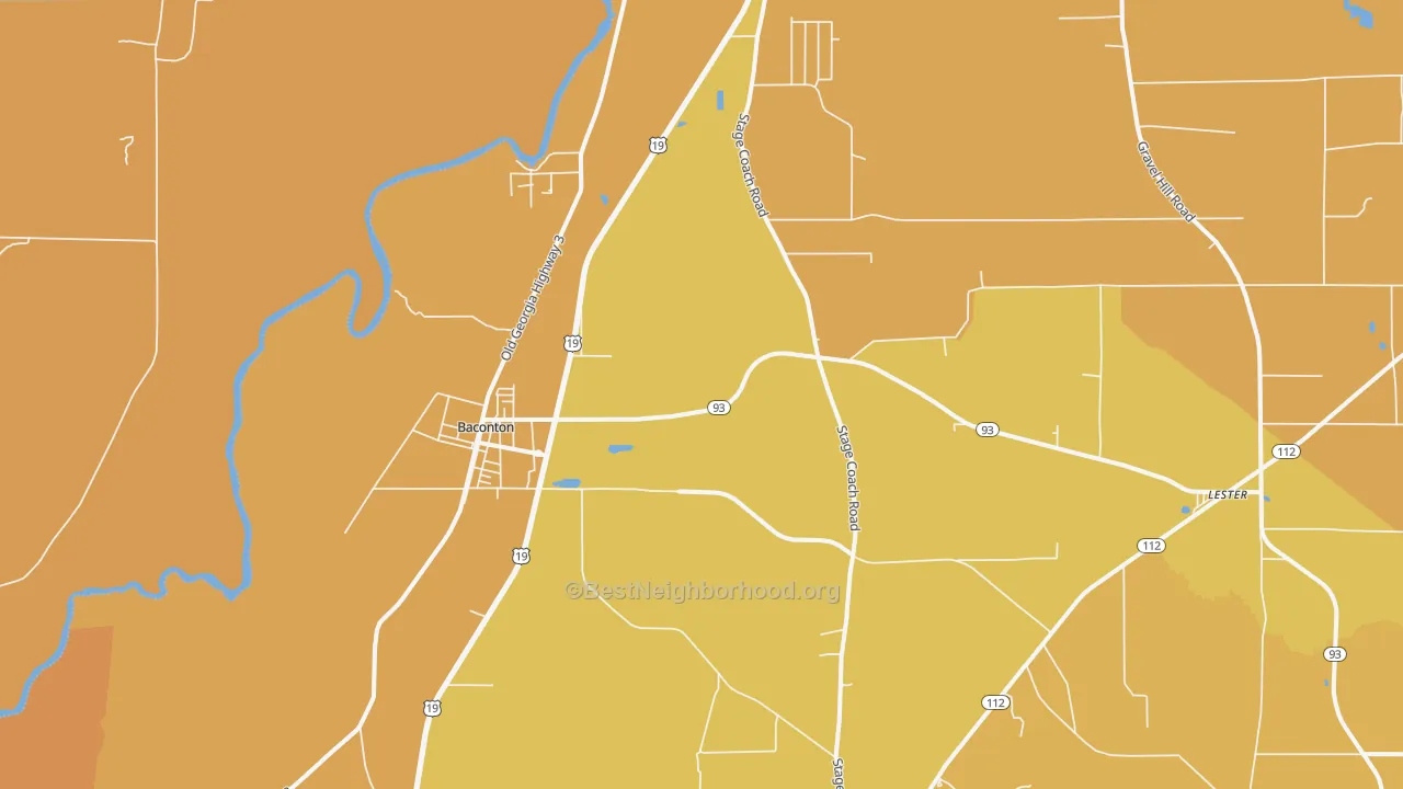 Map of the best neighborhoods in the 31716 area, with better matches in green and worse matches in red