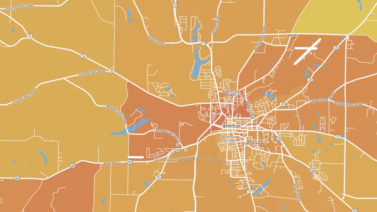 Map of the best neighborhoods in the 31719 area, with better matches in green and worse matches in red