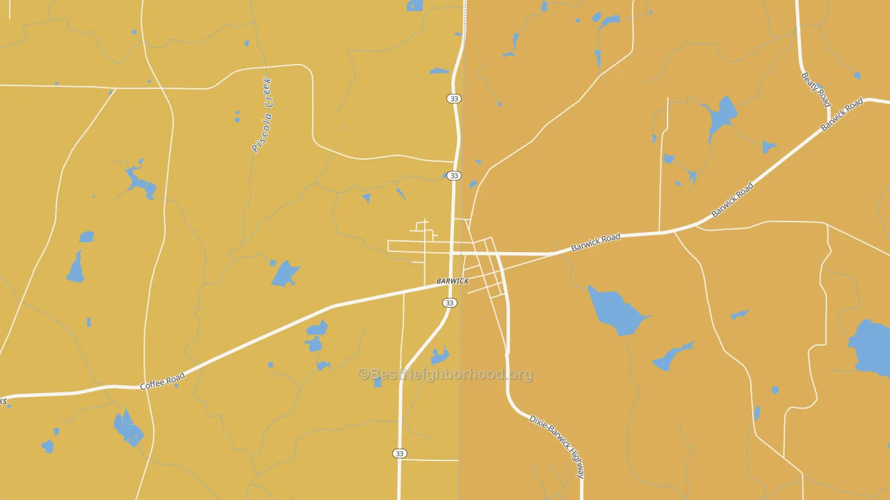 Map of the best neighborhoods in the 31720 area, with better matches in green and worse matches in red