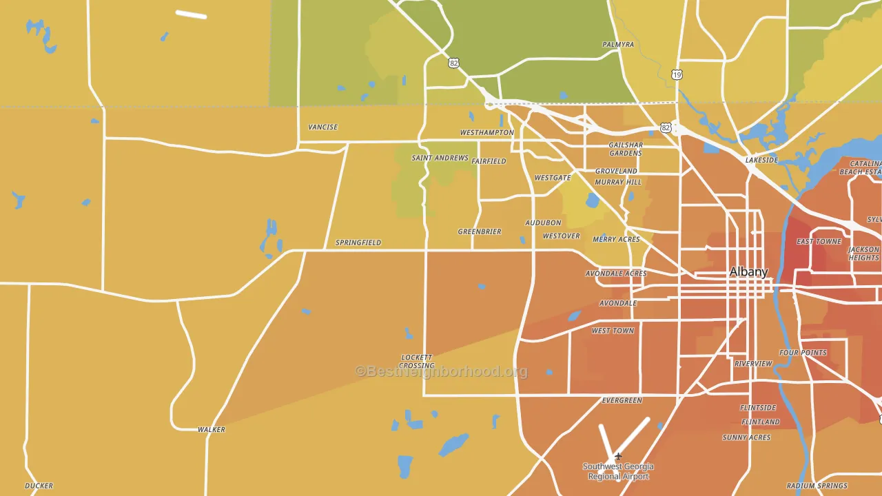 Map of the best neighborhoods in the 31721 area, with better matches in green and worse matches in red