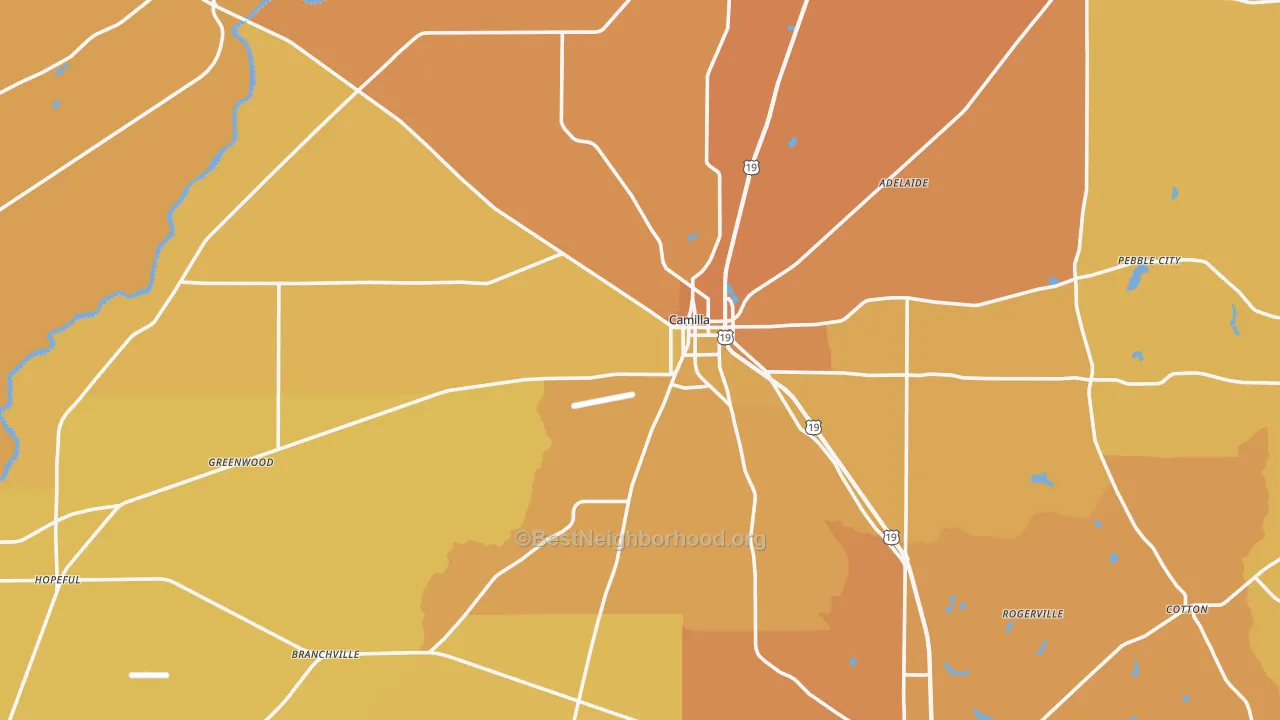 Map of the best neighborhoods in the 31730 area, with better matches in green and worse matches in red
