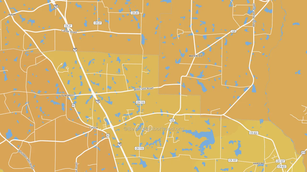 Map of the best neighborhoods in the 31733 area, with better matches in green and worse matches in red