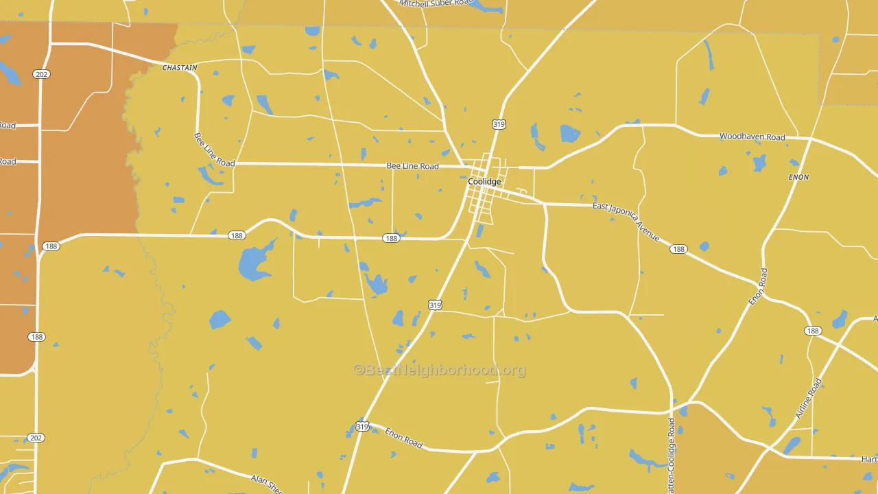 Map of the best neighborhoods in the 31738 area, with better matches in green and worse matches in red