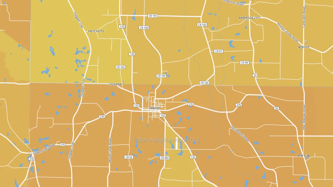 Map of the best neighborhoods in the 31744 area, with better matches in green and worse matches in red