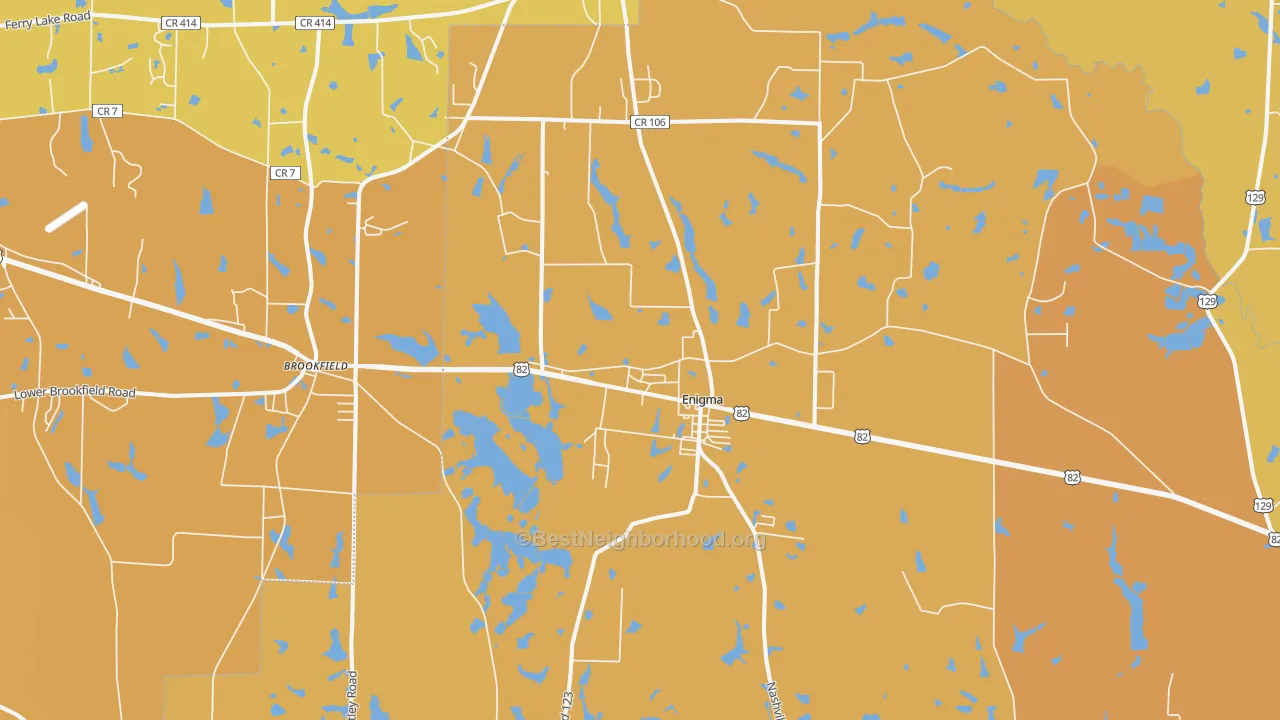Map of the best neighborhoods in the 31749 area, with better matches in green and worse matches in red