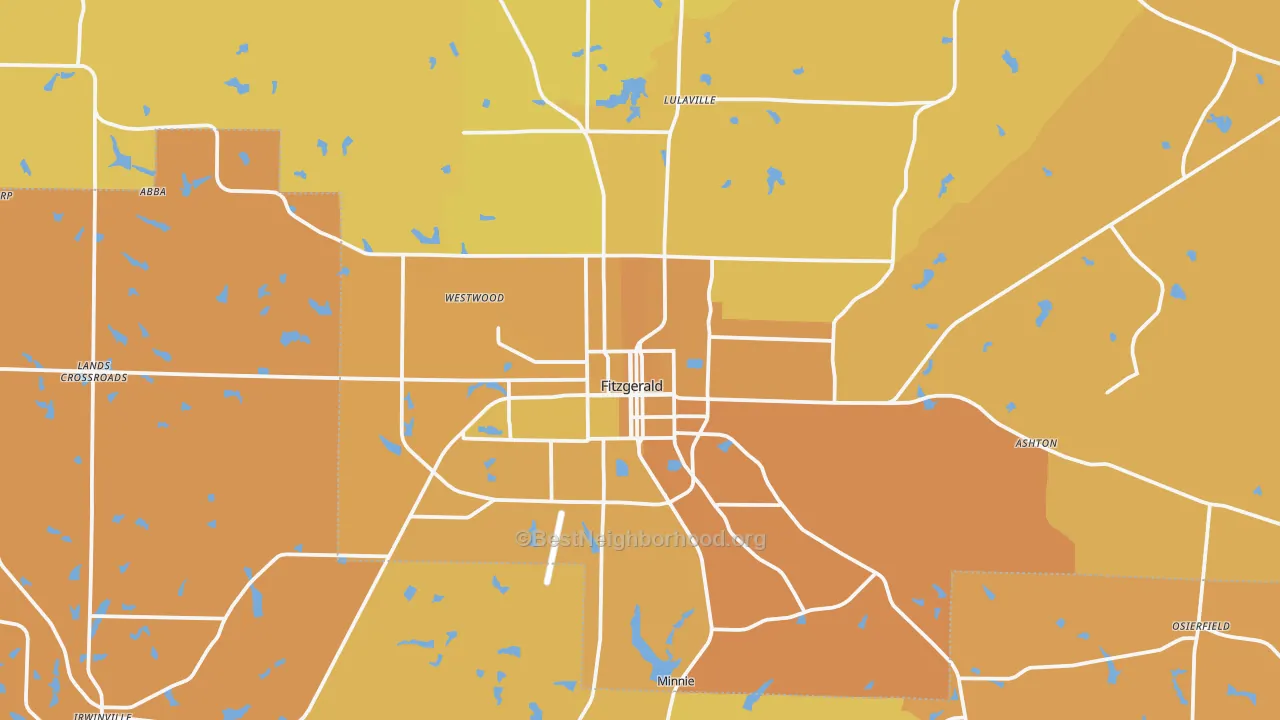 Map of the best neighborhoods in the 31750 area, with better matches in green and worse matches in red