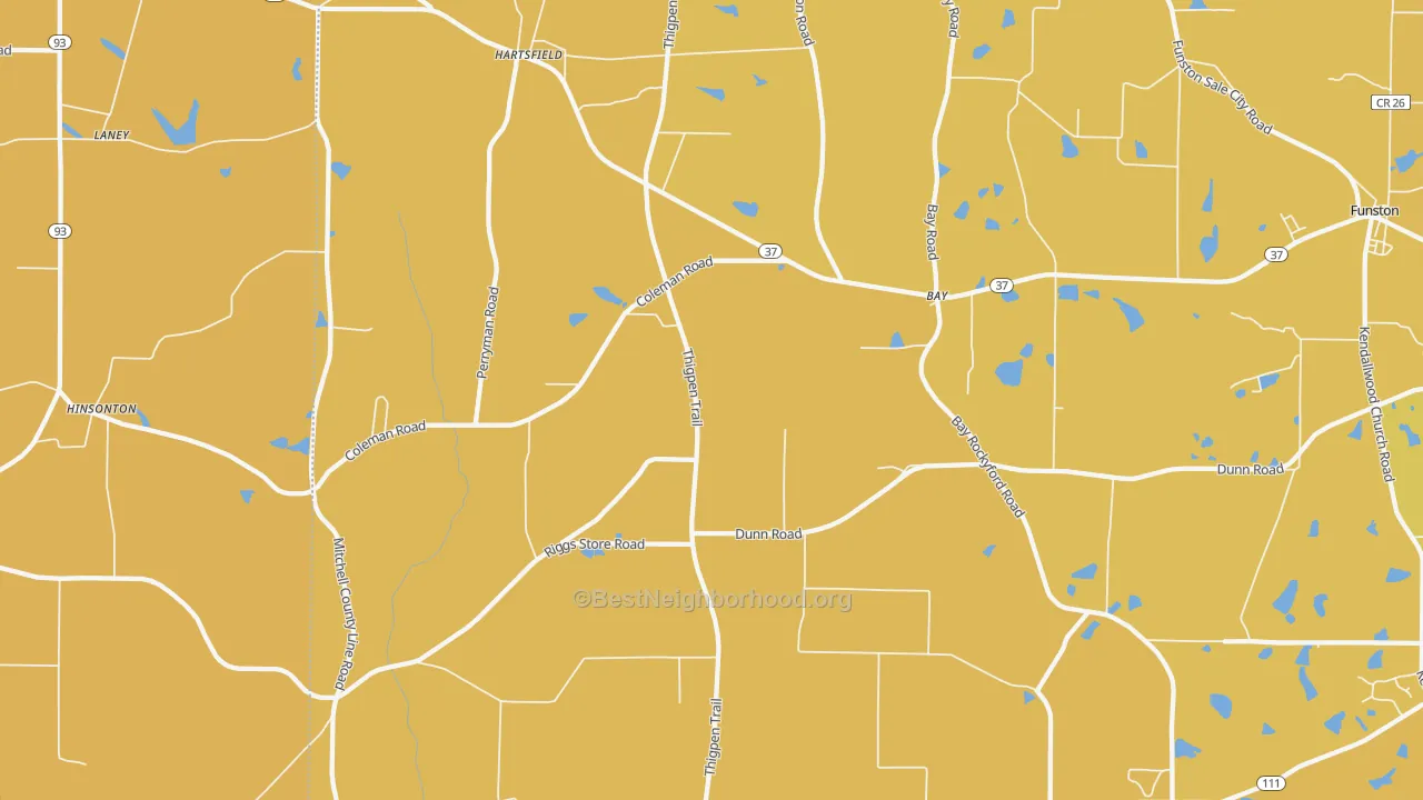 Map of the best neighborhoods in the 31756 area, with better matches in green and worse matches in red
