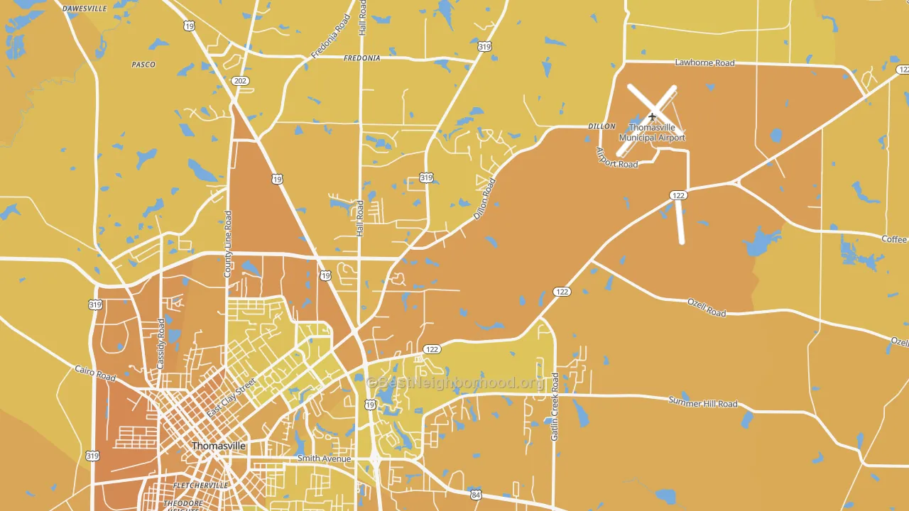 Map of the best neighborhoods in the 31757 area, with better matches in green and worse matches in red