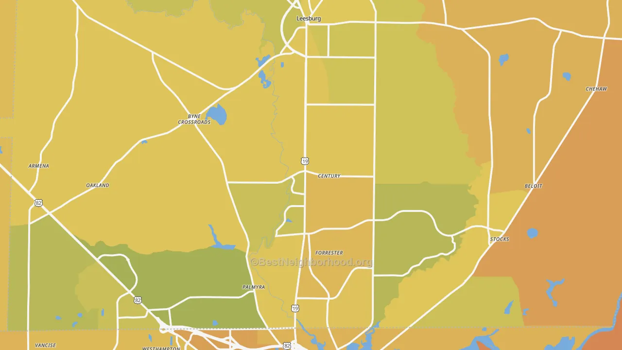 Map of the best neighborhoods in the 31763 area, with better matches in green and worse matches in red