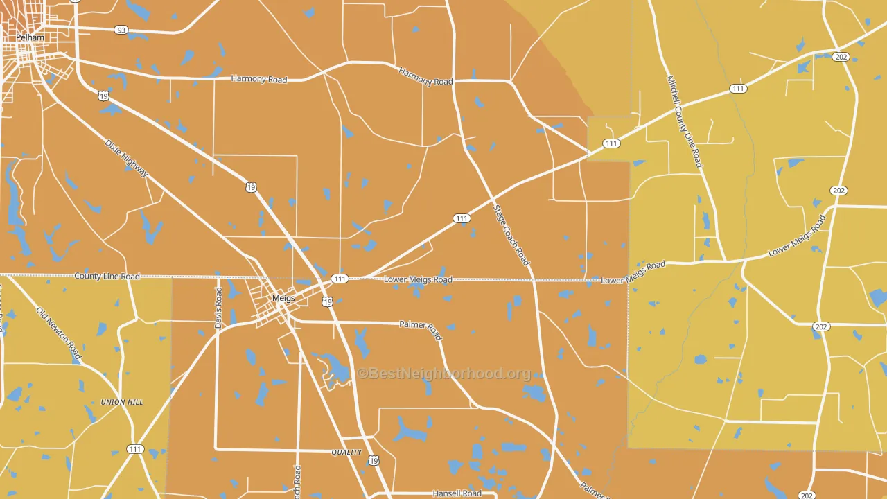 Map of the best neighborhoods in the 31765 area, with better matches in green and worse matches in red