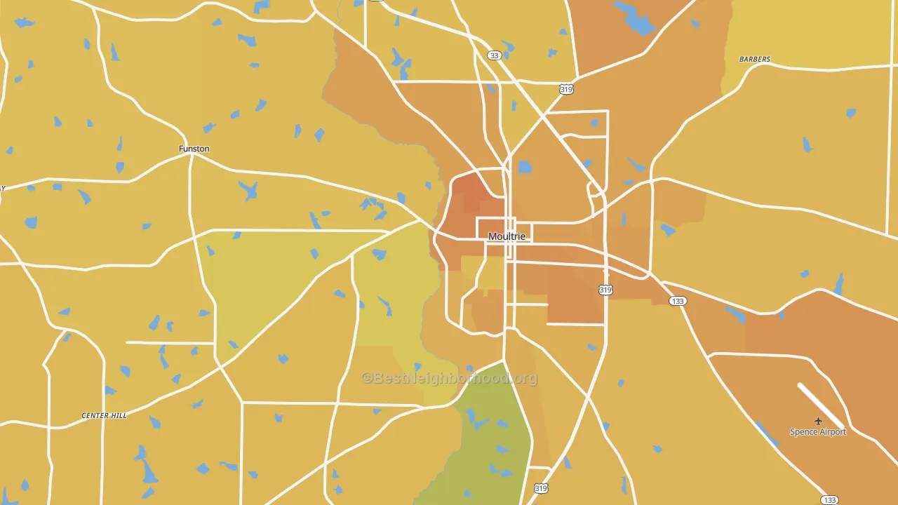 Map of the best neighborhoods in the 31768 area, with better matches in green and worse matches in red
