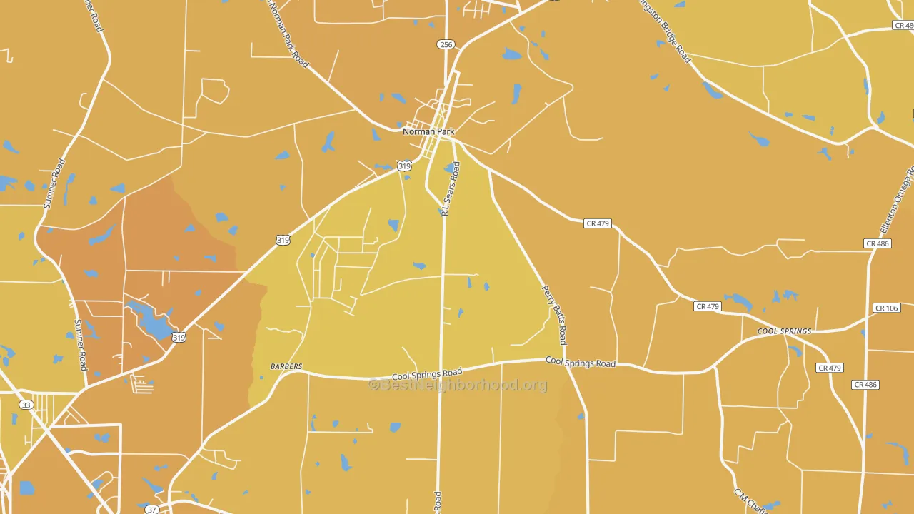 Map of the best neighborhoods in the 31771 area, with better matches in green and worse matches in red