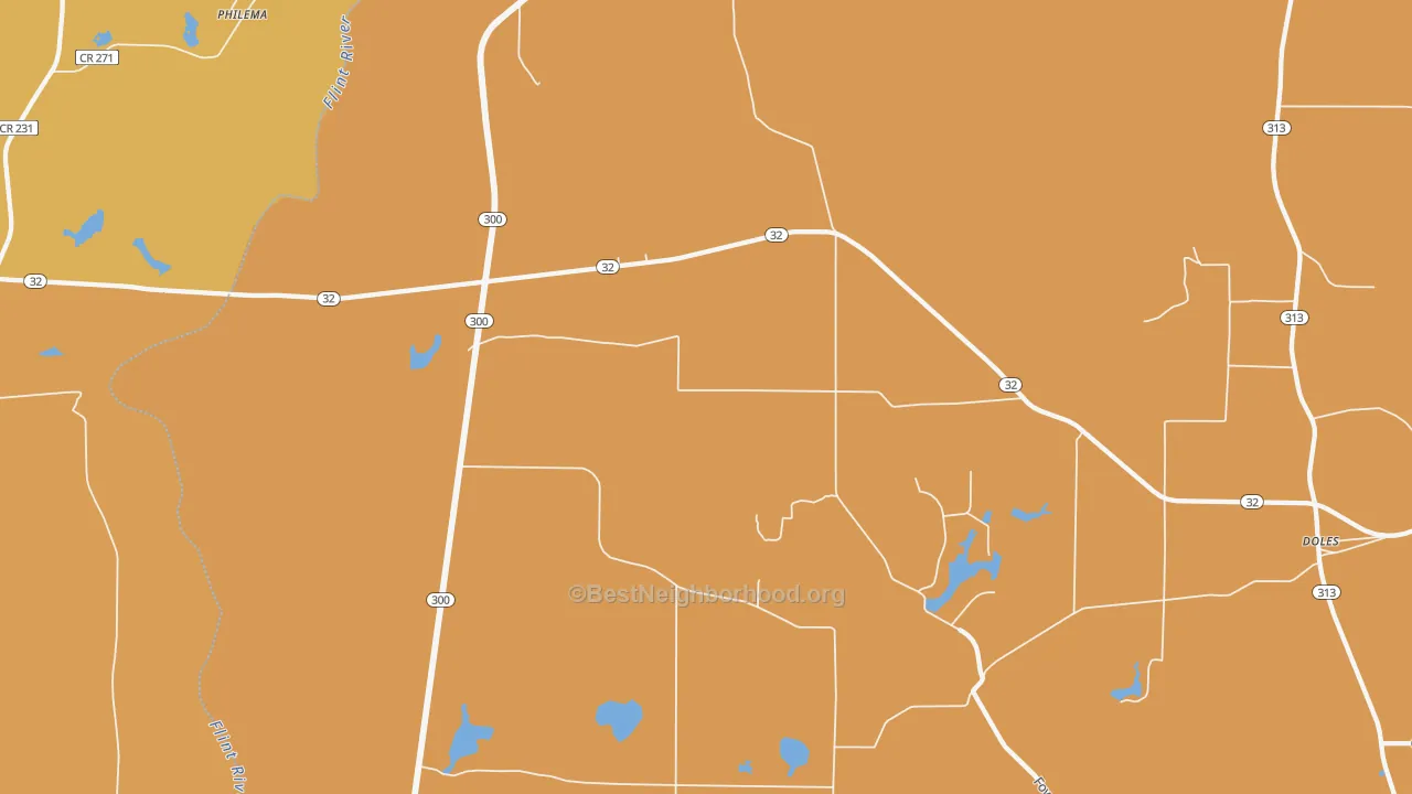 Map of the best neighborhoods in the 31772 area, with better matches in green and worse matches in red