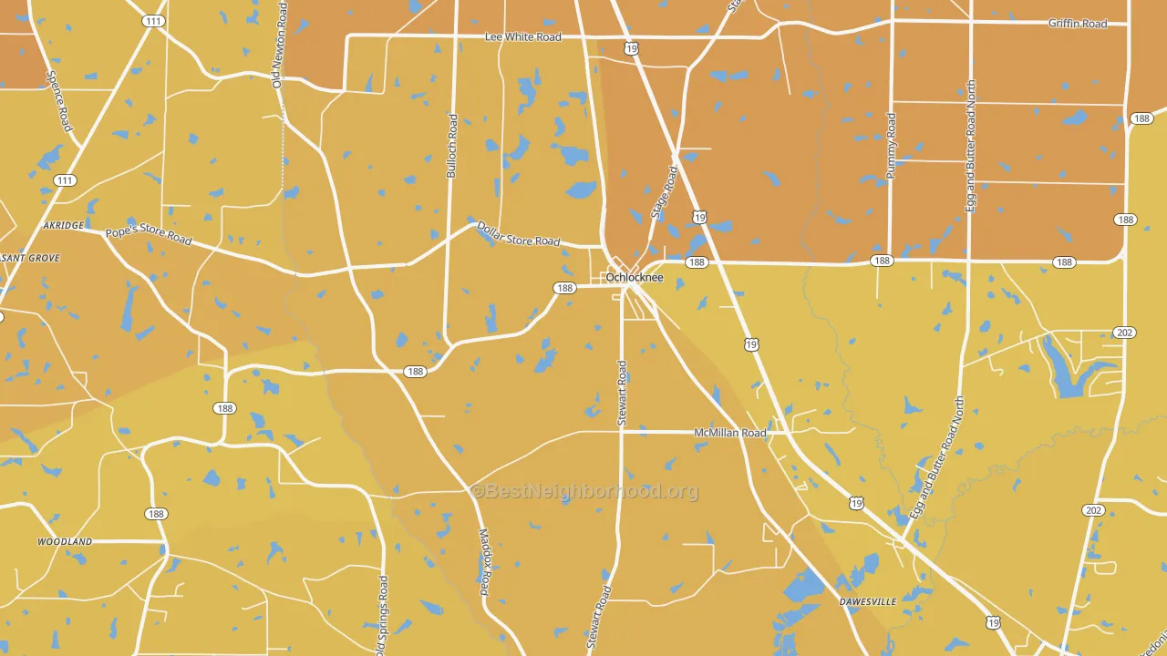 Map of the best neighborhoods in the 31773 area, with better matches in green and worse matches in red