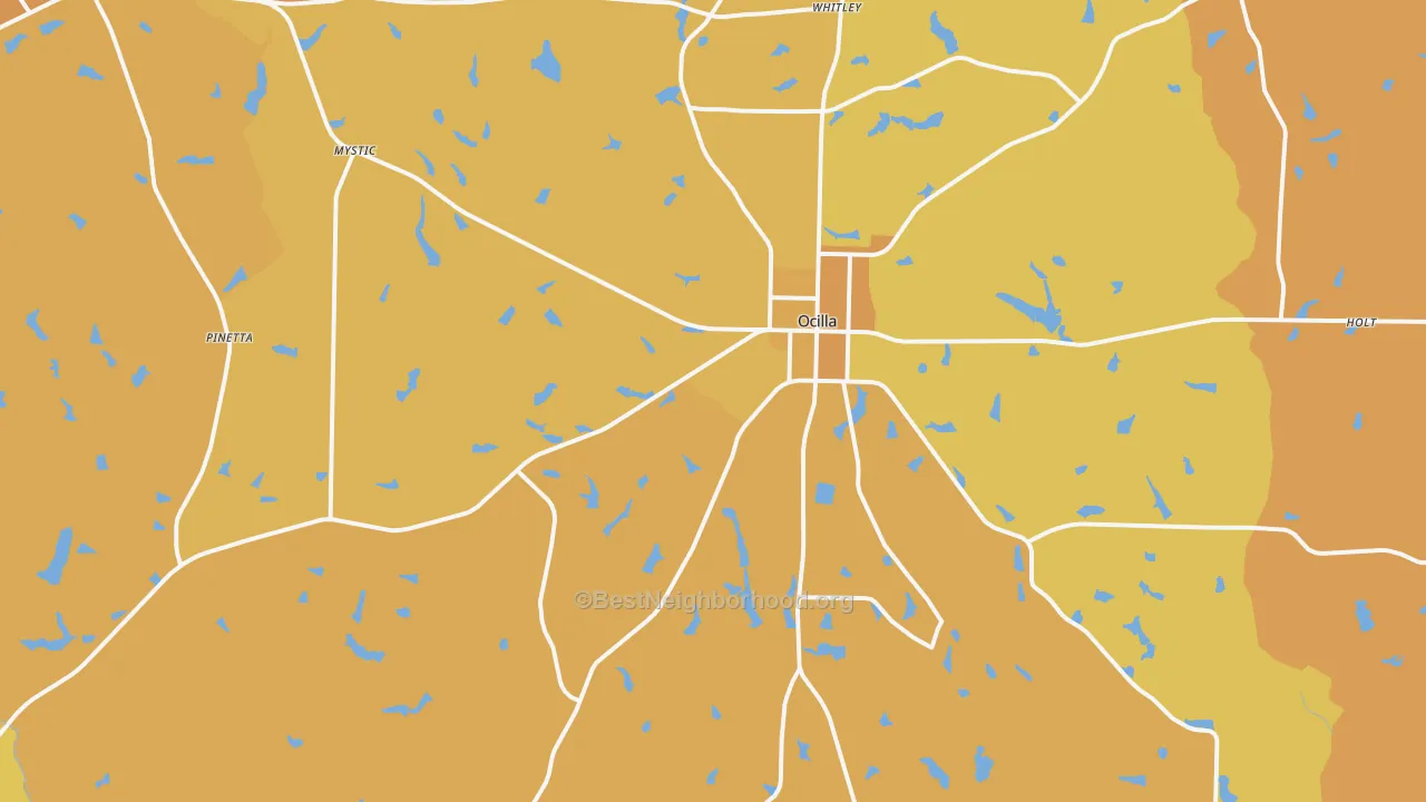Map of the best neighborhoods in the 31774 area, with better matches in green and worse matches in red