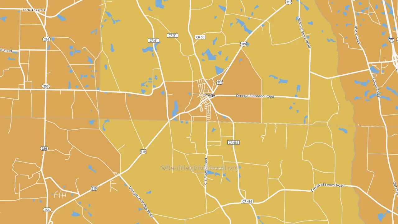 Map of the best neighborhoods in the 31775 area, with better matches in green and worse matches in red